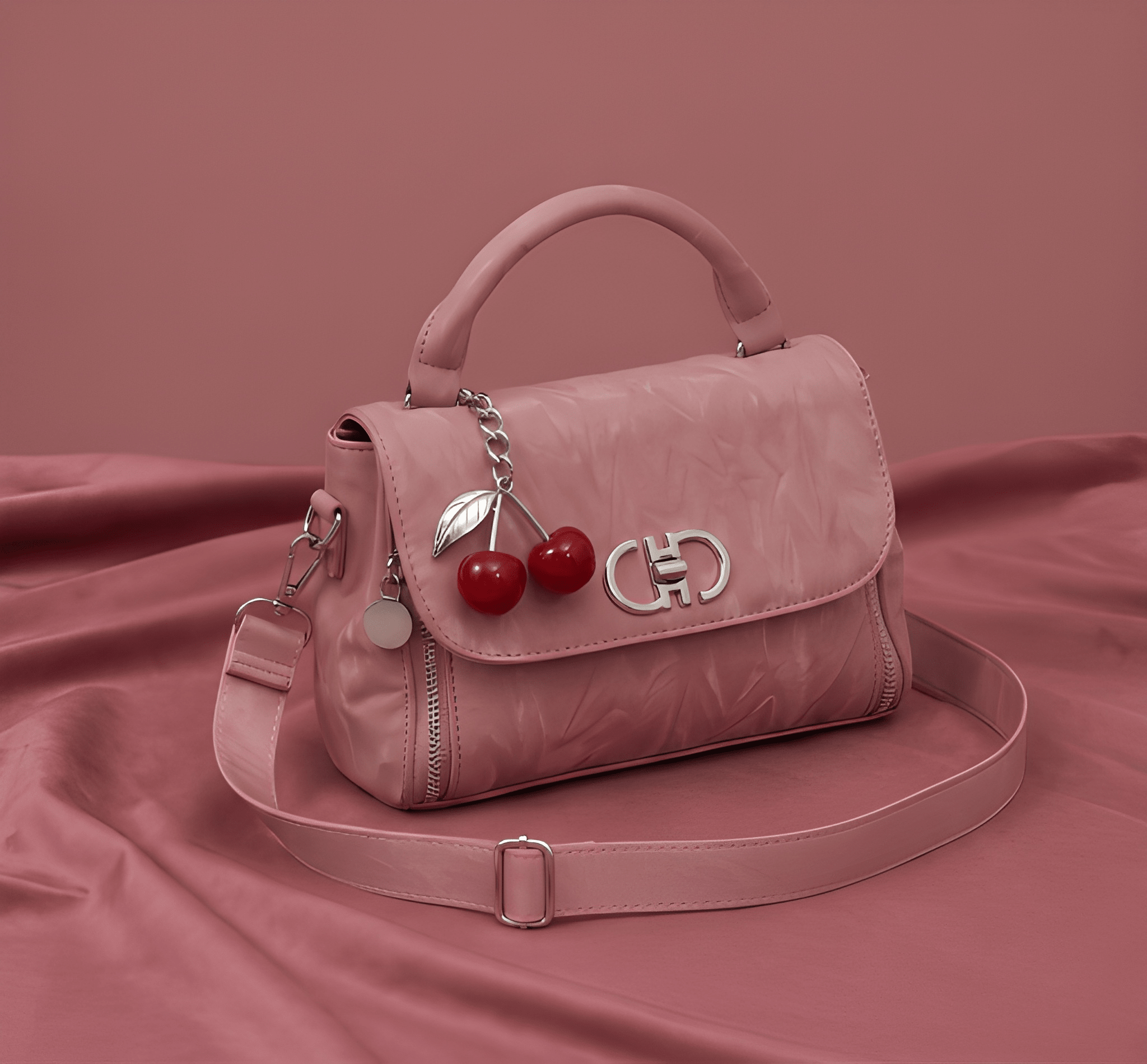 The Cherry Charm: Wrinkled Texture Handbag
