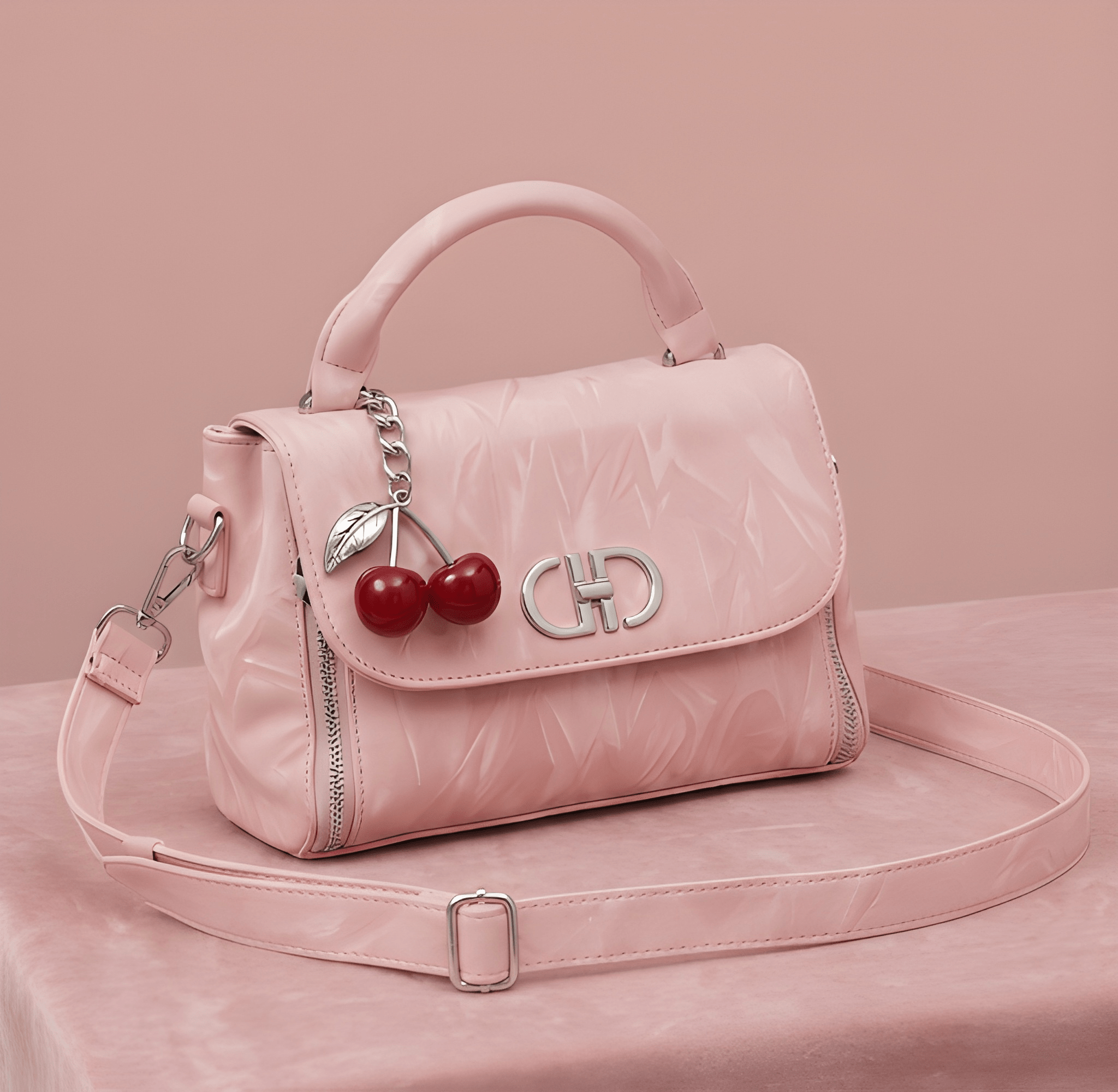 The Cherry Charm: Wrinkled Texture Handbag